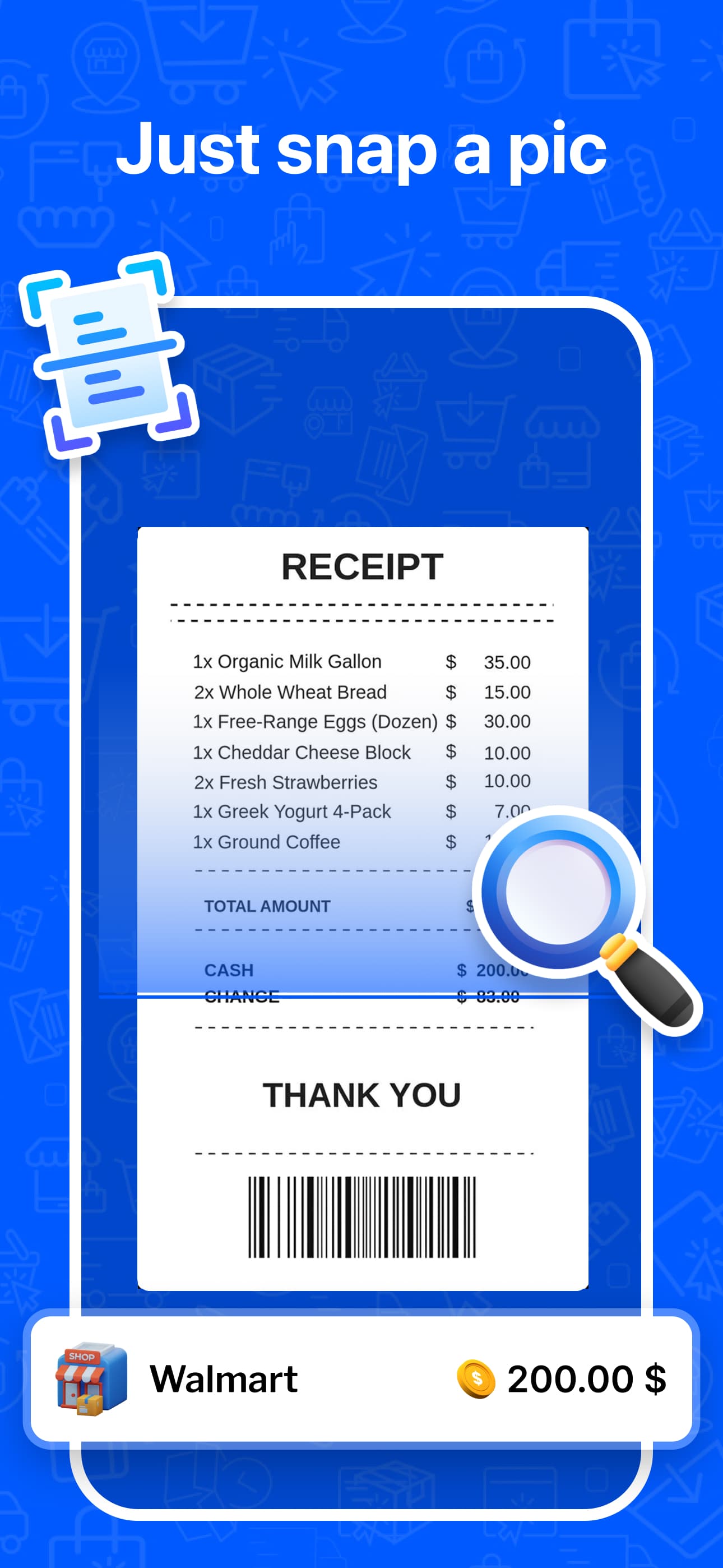 Money Manager receipt scanner reading a Walmart receipt and filling in the amount